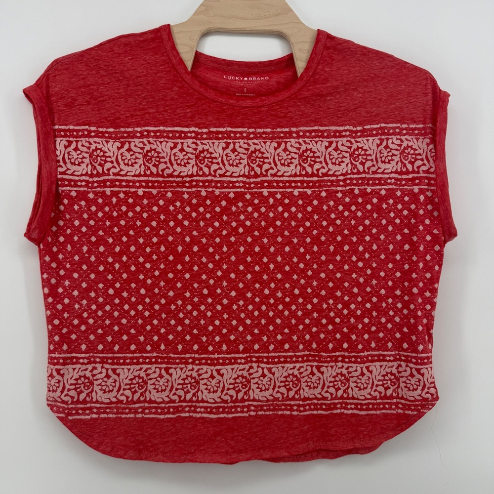 Lucky Brand Top Womens L Red White Bandana Print Cap Sleeve Boho NWOT